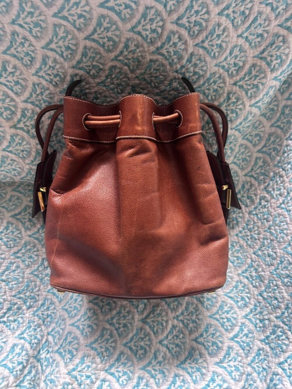Vintage Salvatore Ferragamo Cognac Leather Bucket Bag Drawstring Crossbody Italy